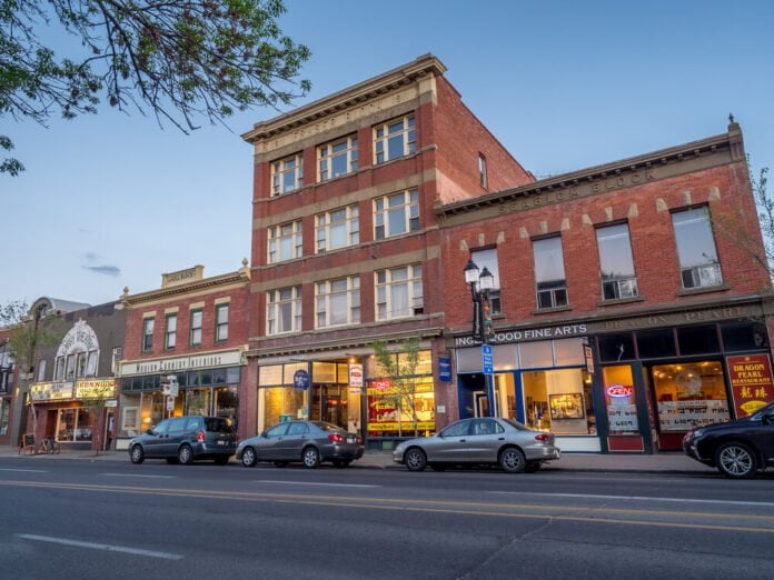 Buildings in Calgary's Inglewood district on May 24, 2015. It is known for trendy restaurants, nightlife, art galleries and upscale shops, all popular with locals and tourists.