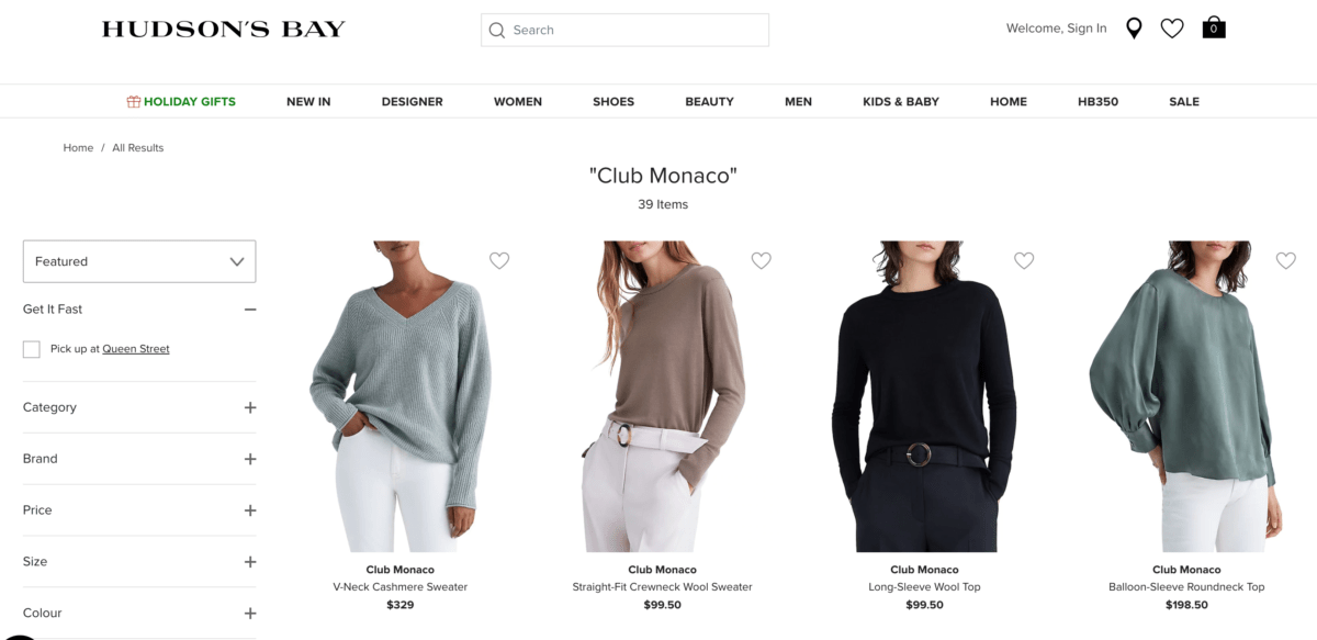 Screenshot of Hudson's Bay website showing Club Monaco offerings.