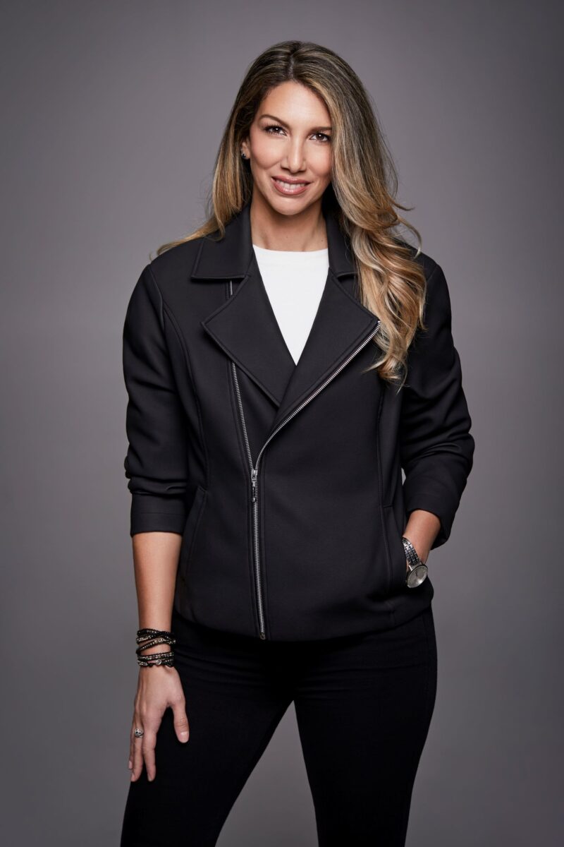 SYLVIA GALLO, FOUNDER OF JEANE&JAX WEARING LIMITED-EDITION JACKET MADE FROM UPCYCLED CAR INTERIORS. PHOTO: JEANE&JAX