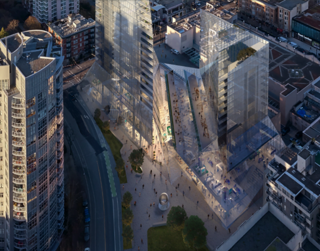 Rendering of the 1045 Haro Street Vancouver retail podium. Rendering Intracorp