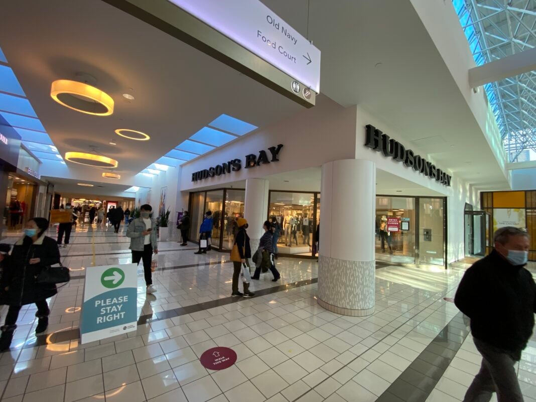 Shoppers outside Hudson's Bay at Guildford Mall. Photo: Lee Rivett