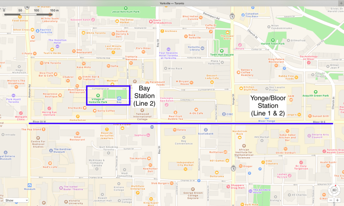 Map showing location of new Urban Campire Benches in the Bloor-Yorkville area