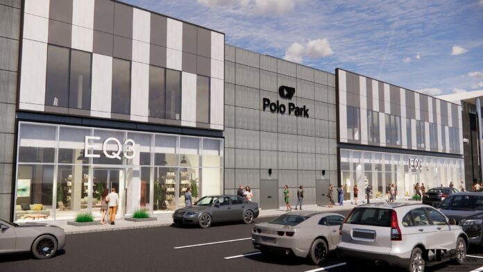 Rendering of the exterior of CF Polo Park and new EQ3 store. Rendering: Cadillac Fairview