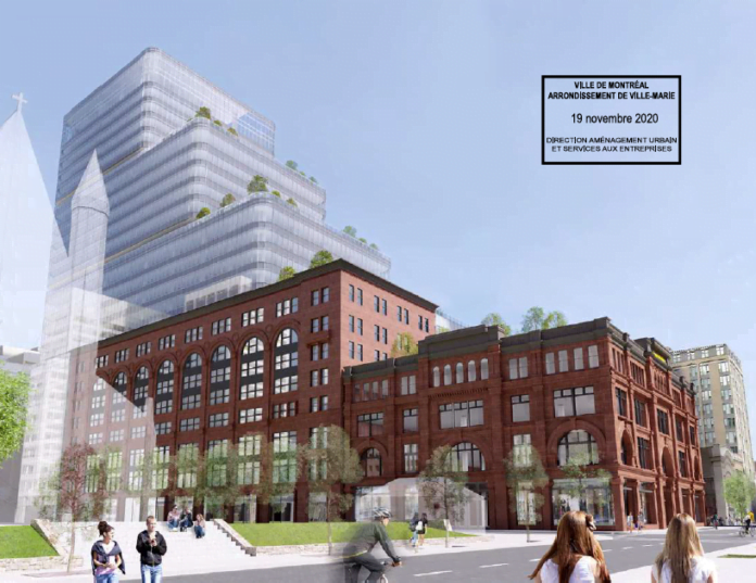 Rendering of the newly-renovated Hudson's Bay store and office building extension. Rendering: Menkes Shooner Dagenais LeTourneux