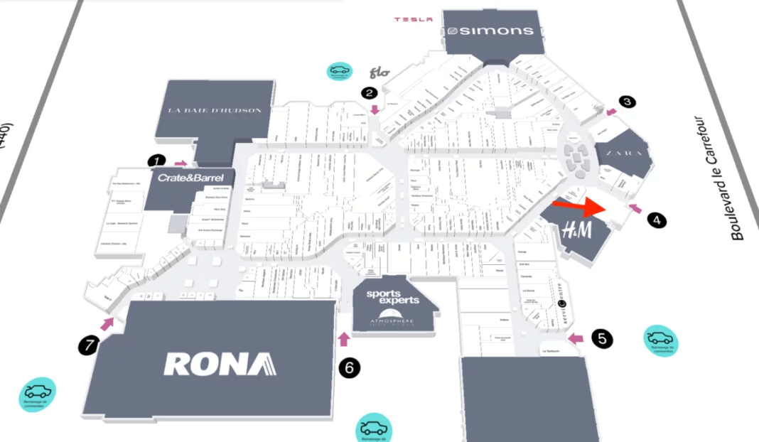 Map of CF Carrefour Laval with red arrow indicating retail space set to house new Uniqlo store.