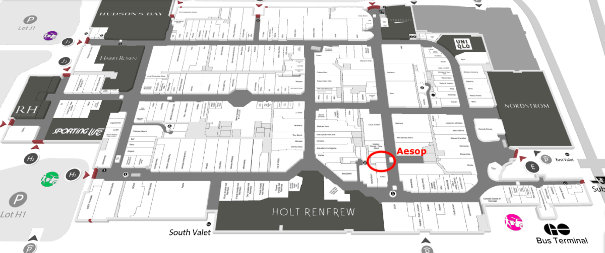 Map of Yorkdale Shopping Centre showing location of the new Aesop store. 