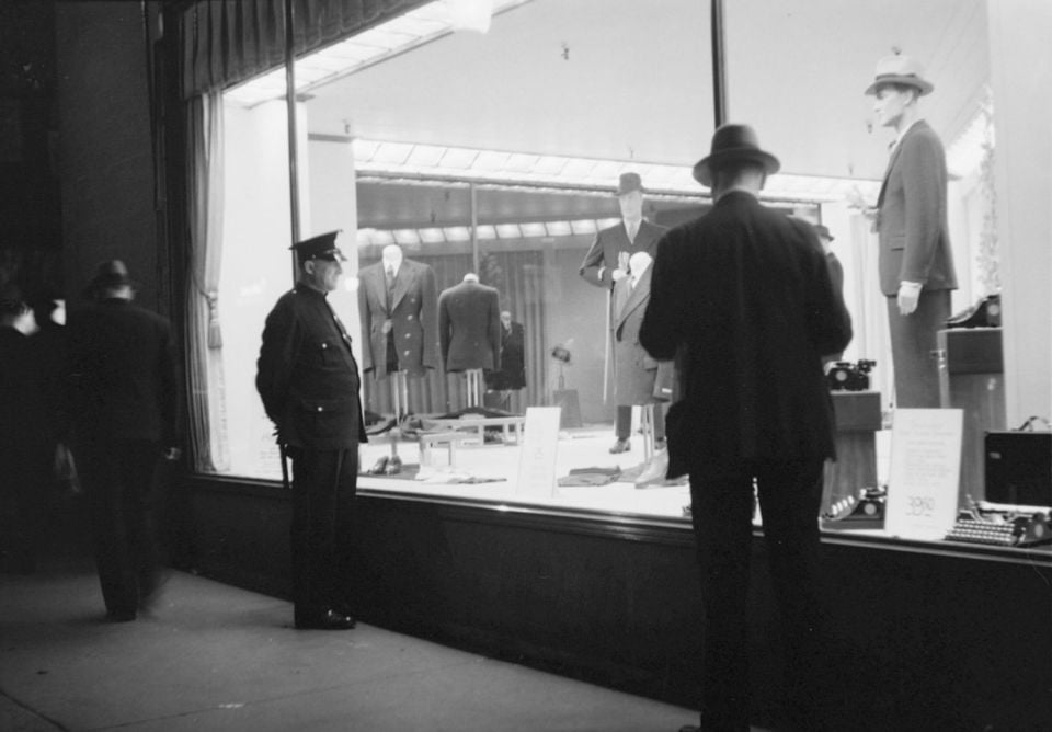 Menswear showcase of Simpson's store on St. Catherine Street in Montreal, 1936.