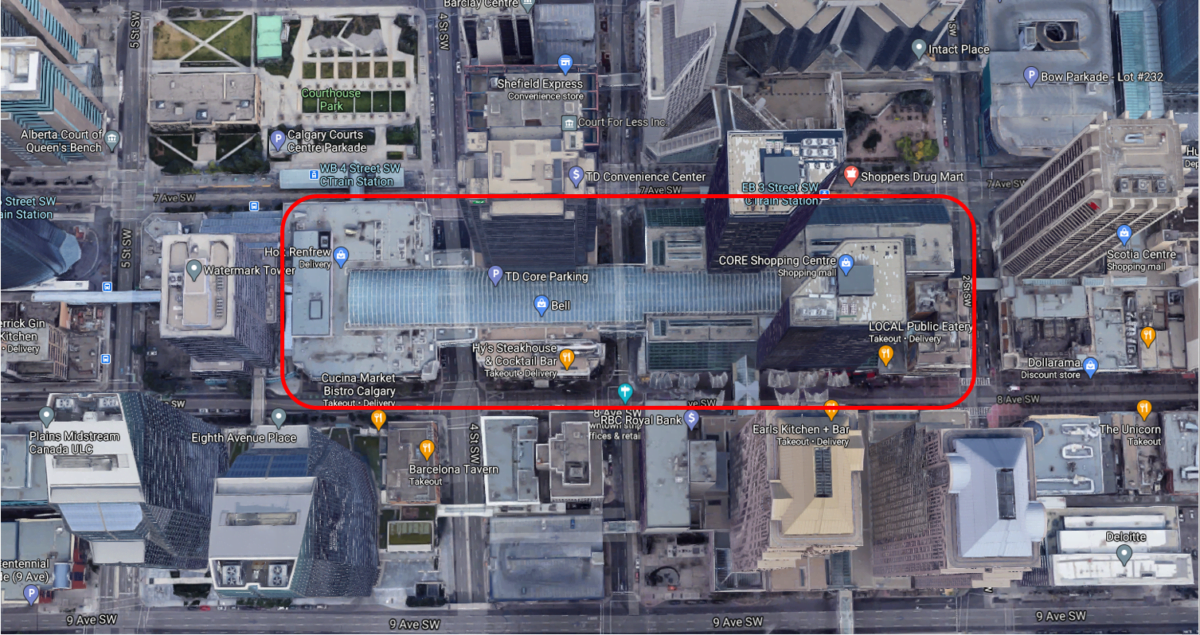 Google Satellite Map of "The Core" spanning across three downtown streets