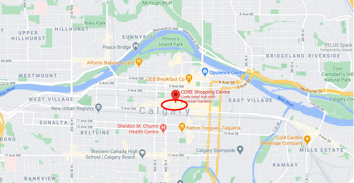 Google Map of Calgary with "The Core" circled