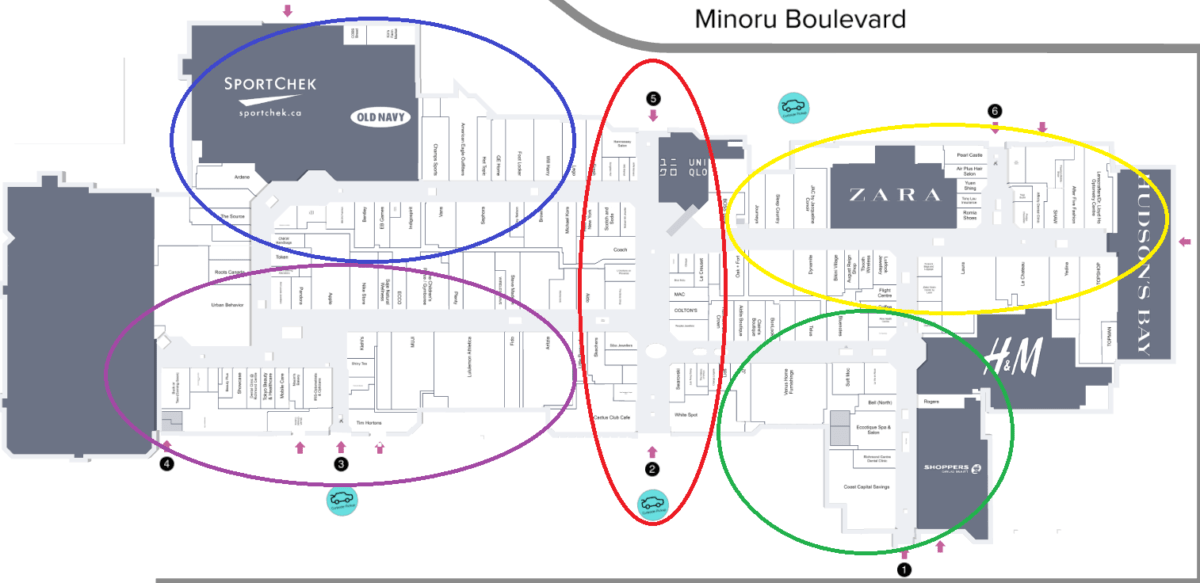 Tour Zones on Mall Map of CF Richmond Centre.