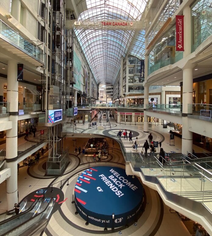 Interior image of the CF Toronto Eaton Centre taken in April 2021. Photo: Dustin Fuhs