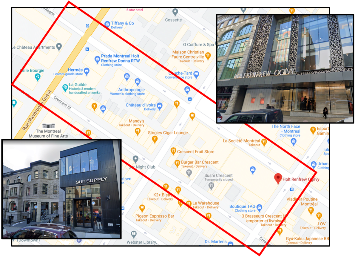 Map of the Montreal Luxury Zone between Rue Sherbrooke Ouest and Sainte-Catherine Street.