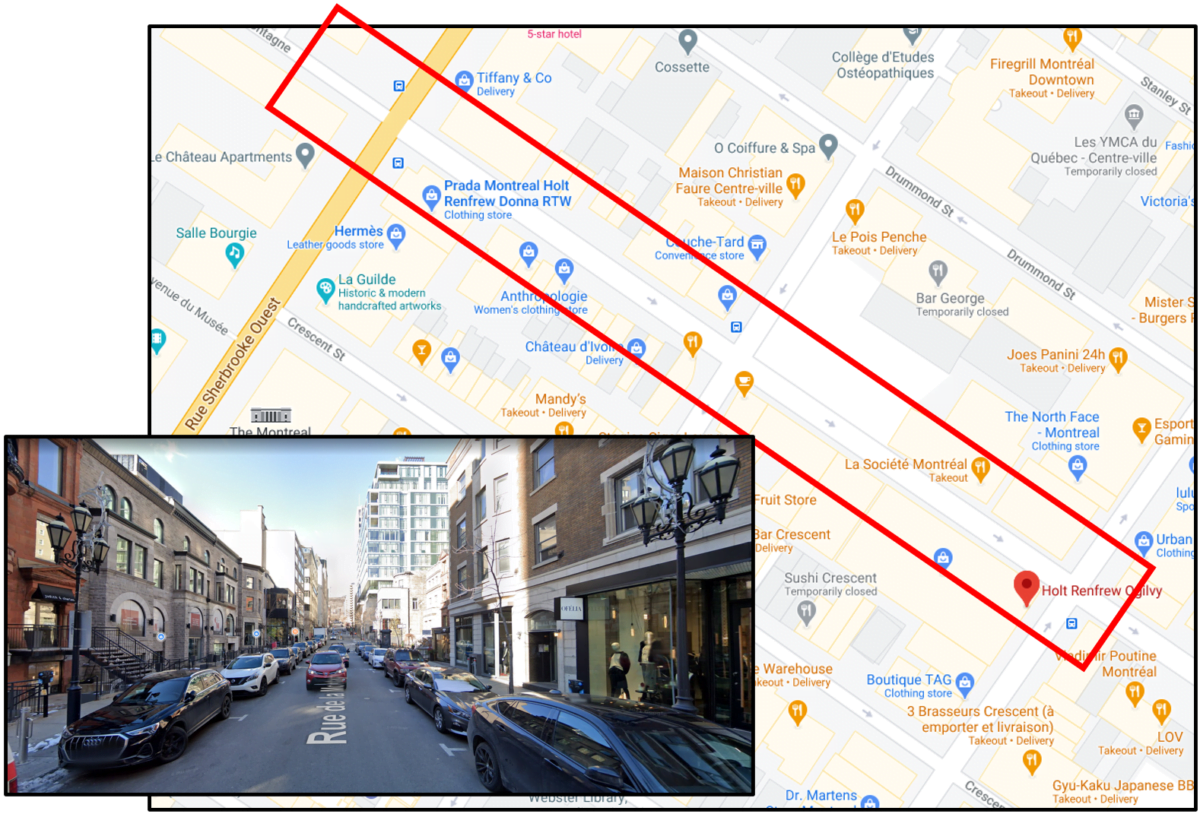 Map of the Montreal Luxury Zone on Rue de la Montagne