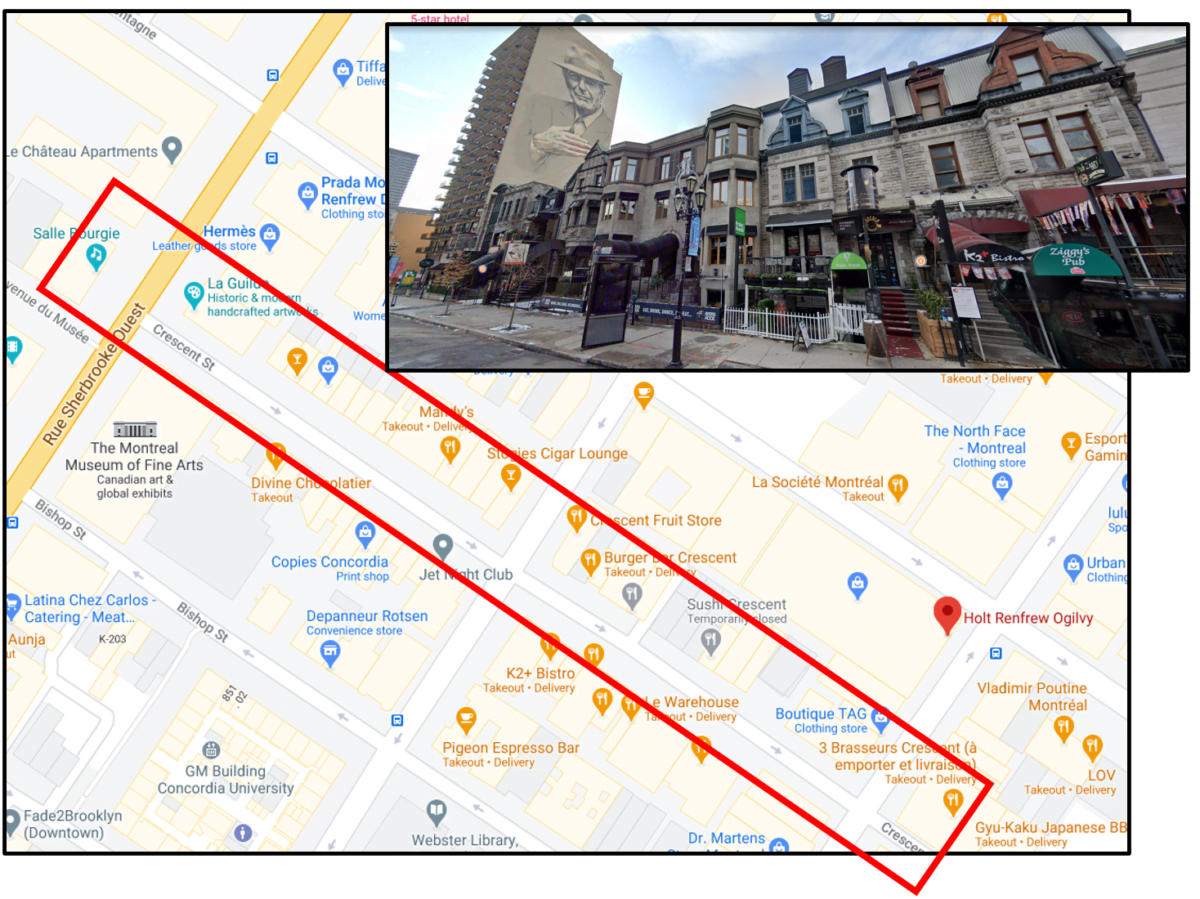 Map of the Montreal Luxury Zone on Crescent Street
