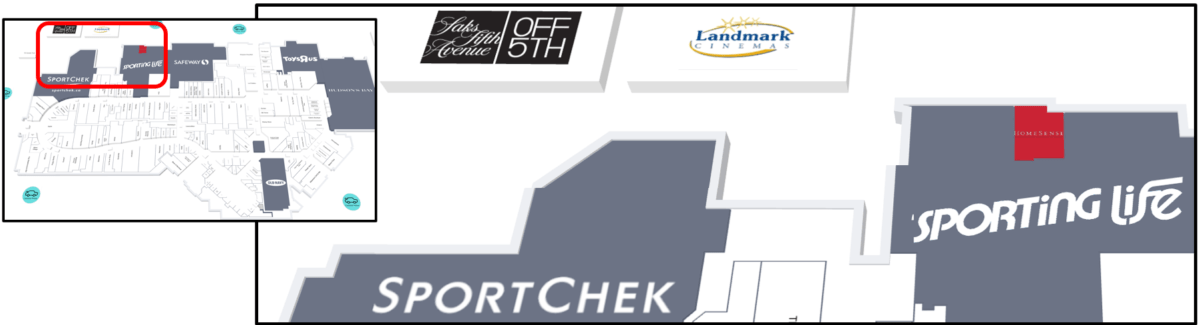 Exterior retailers in Upper Left (South West Corner) Map of CF Market Mall