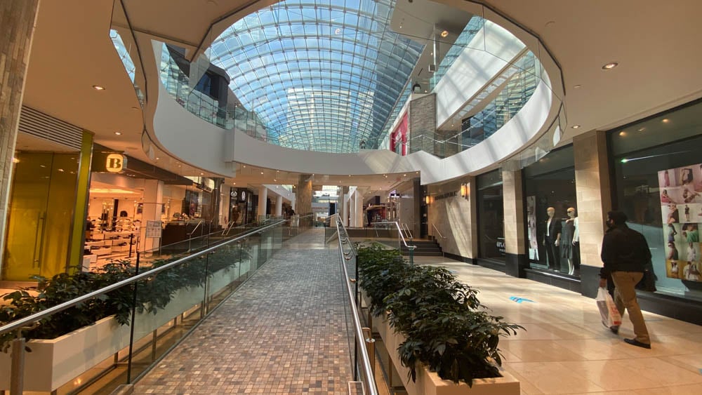 Corridor between retailers open up to level 3 at "The Core" in Calgary