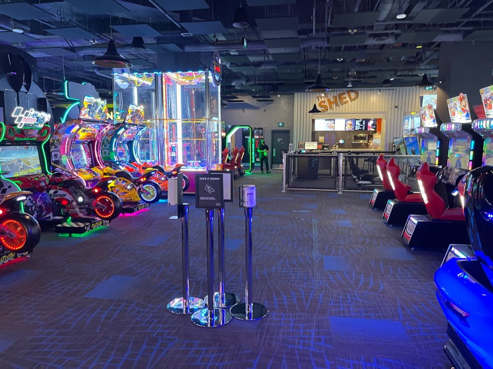 COVID-related stations were spaced amongst the video games throughout The Rec Room