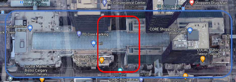 Satellite Map on West side of "The Core" on 3 Street SW between 7th Ave and 8th Ave SW