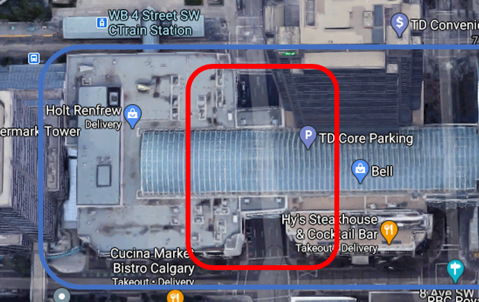 Satellite Map on West side of "The Core" on 4 Street SW between 7th Ave and 8th Ave SW.
