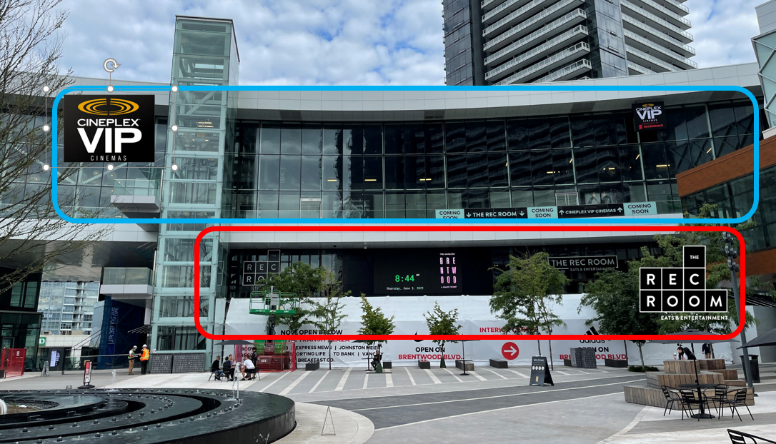 Cineplex VIP and The Rec Room from the Town Center Plaza