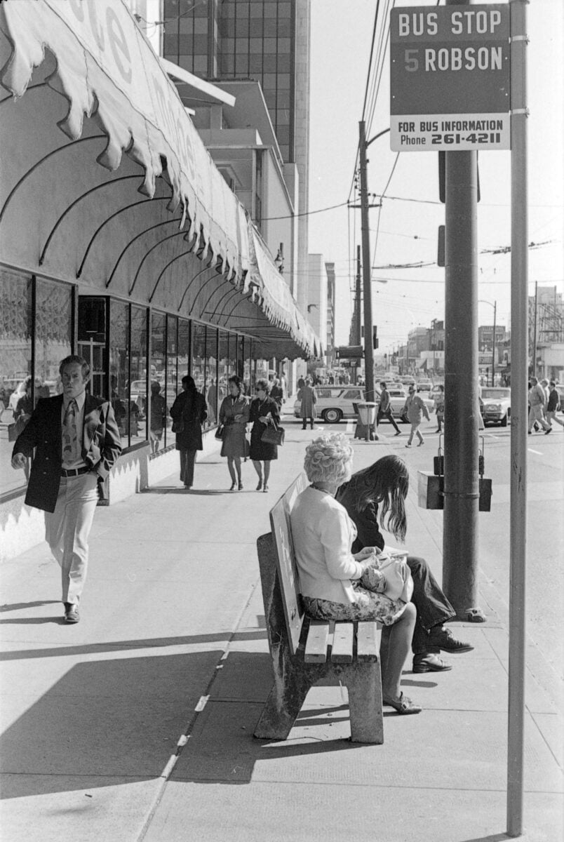 Historical Photo a bus stop at Burrard & Robson in 1974