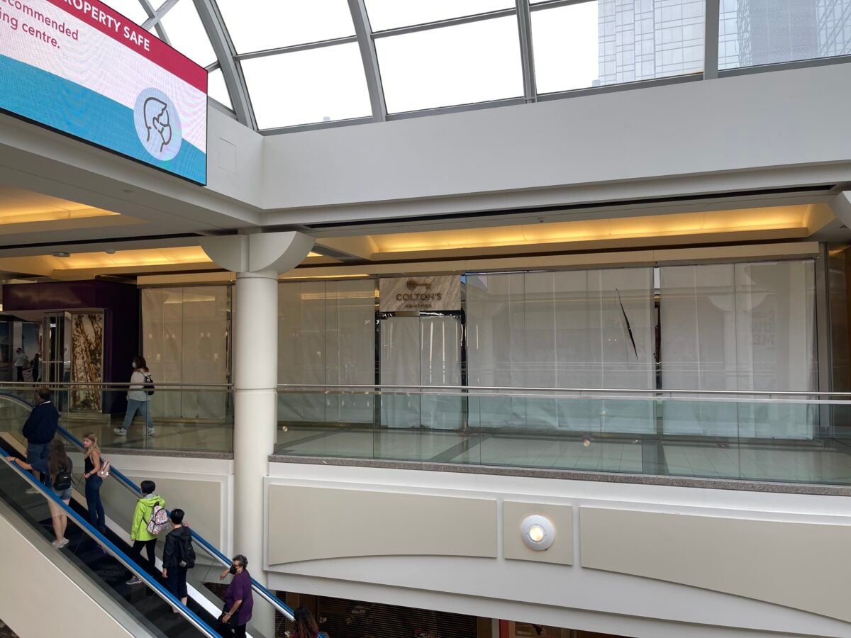 Shuttered Colton's Couture location at Metropolis at Metrotown (July 2021)