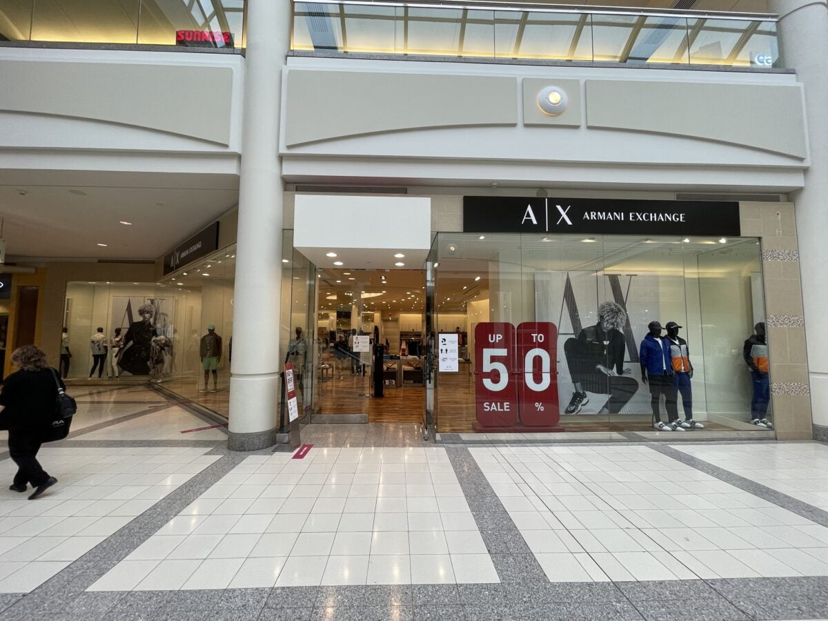 Armani Exchange on lower level at Metropolis at Metrotown (July 2021)