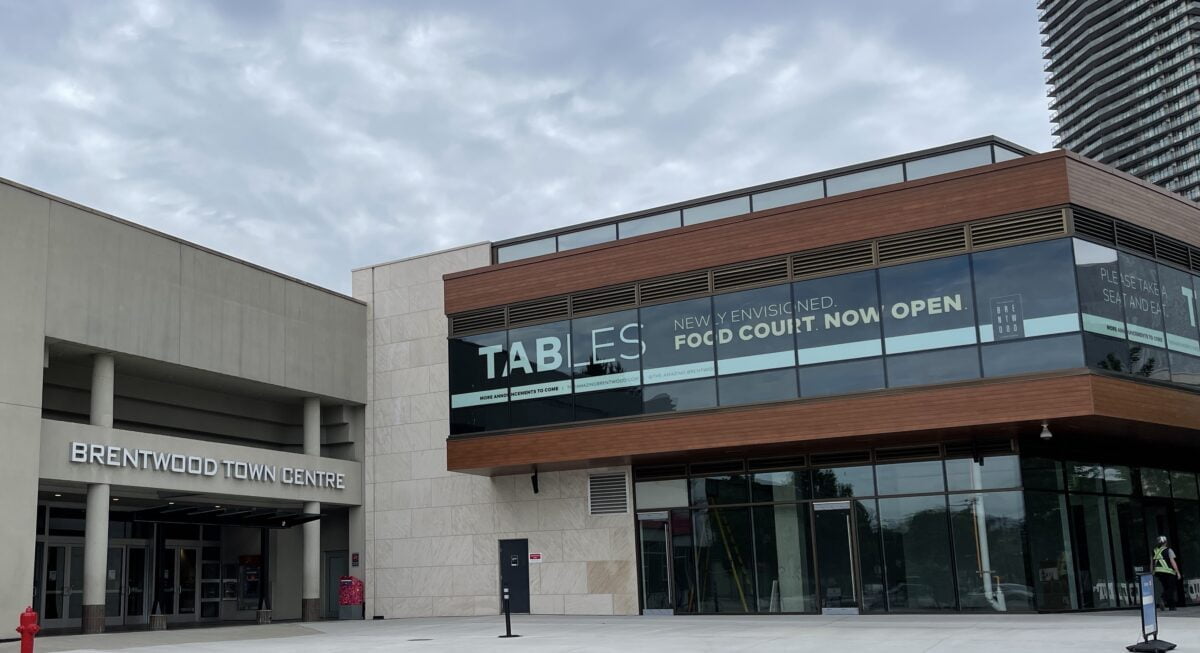 Exterior of new "Tables" addition to the existing Interior Centre. "Tables" is located on the second floor (in wood-grain accents shown above) at The Amazing Brentwood