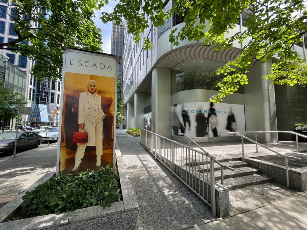 Former Escada location on Alberni Street at Thurlow Street in Vancouver (June 2021)