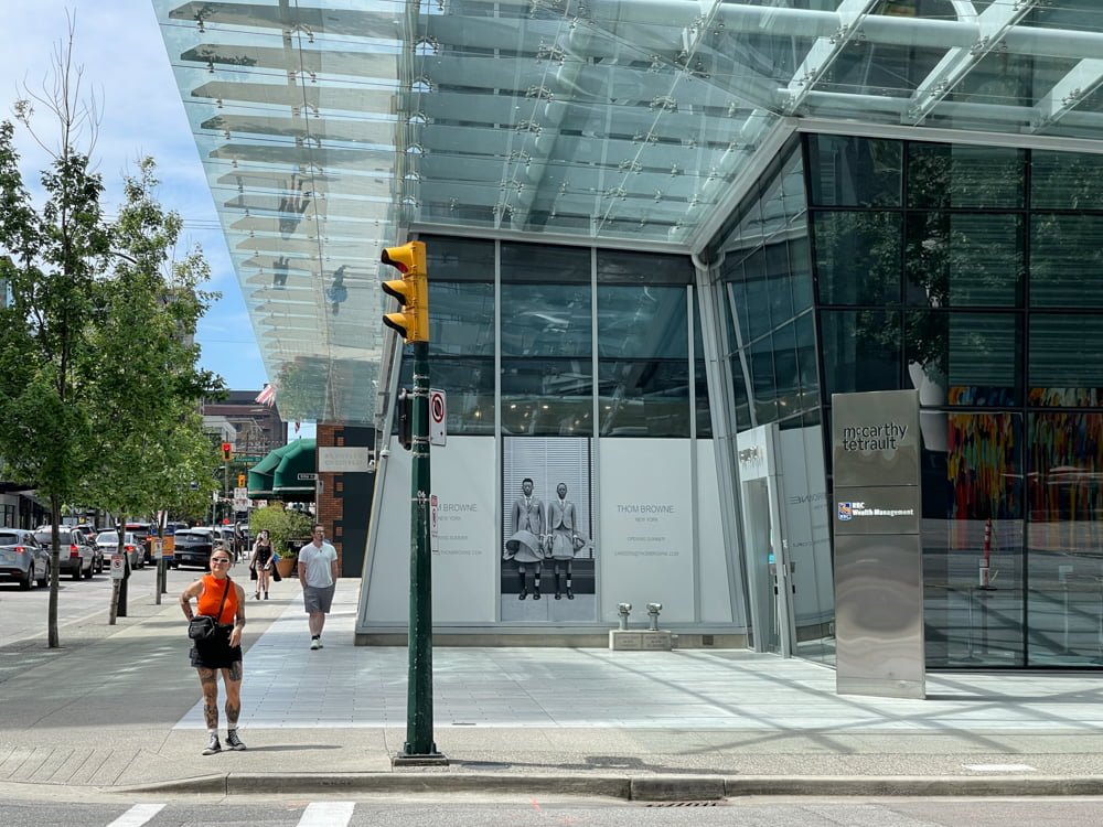 Future Tom Browne location with construction signage just off of Alberni Street in Vancouver (June 2021). Formerly the location of Versace. 