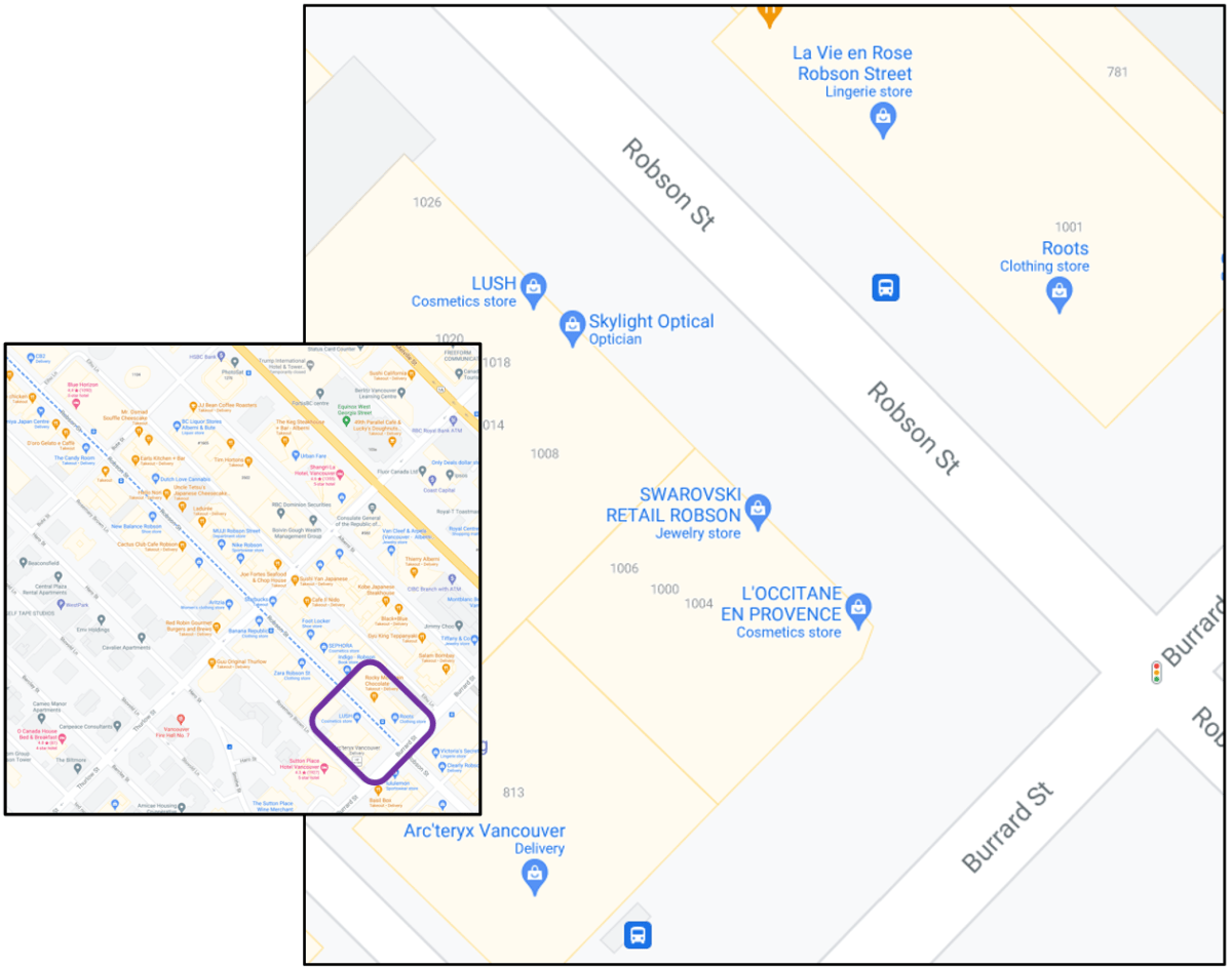 Eastern side of 1000 Block of Robson Street (starting at Burrard Street) in Vancouver