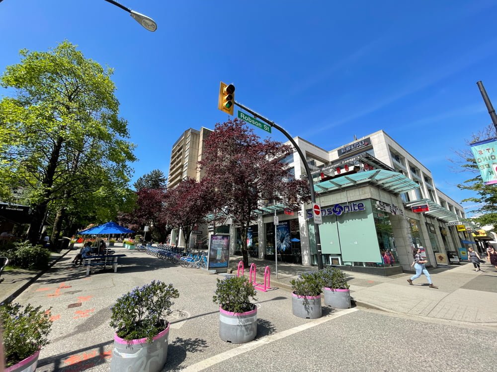 Bute Street closed to vehicular traffic at Robson Street in Vancouver
