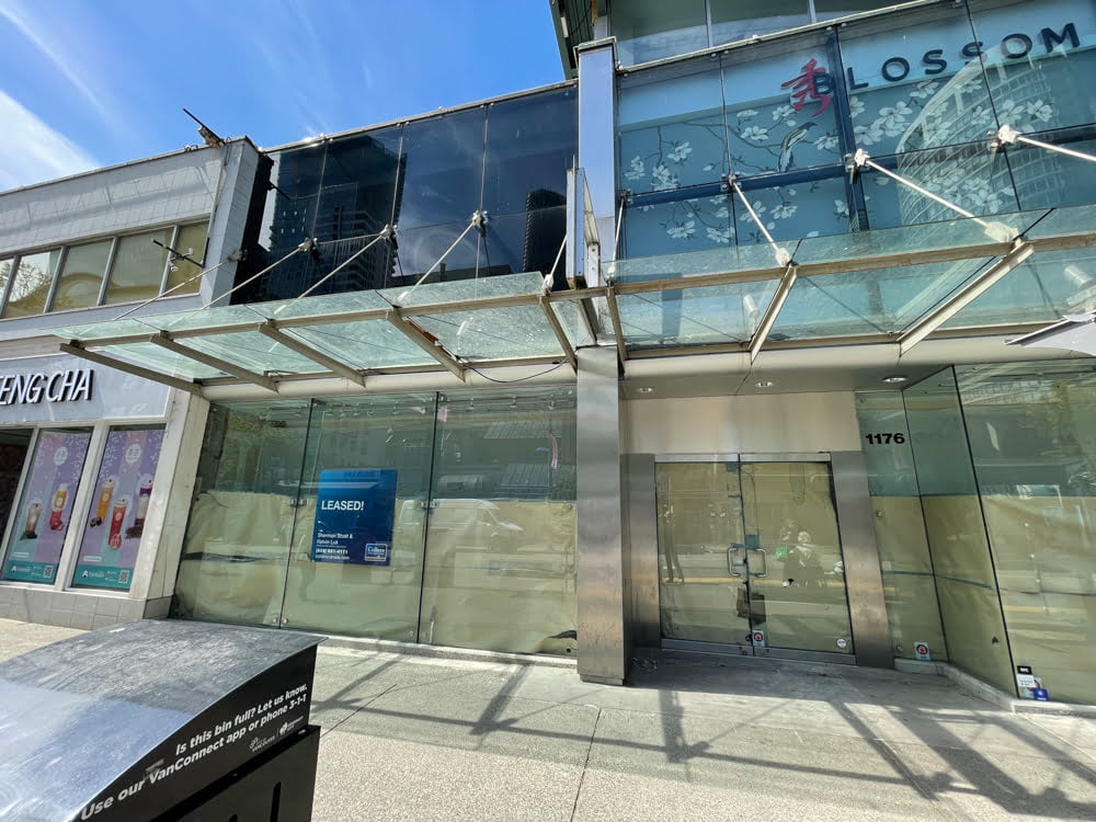 Empty restaurant and retailer space on south-western end of Robson Street at Bute