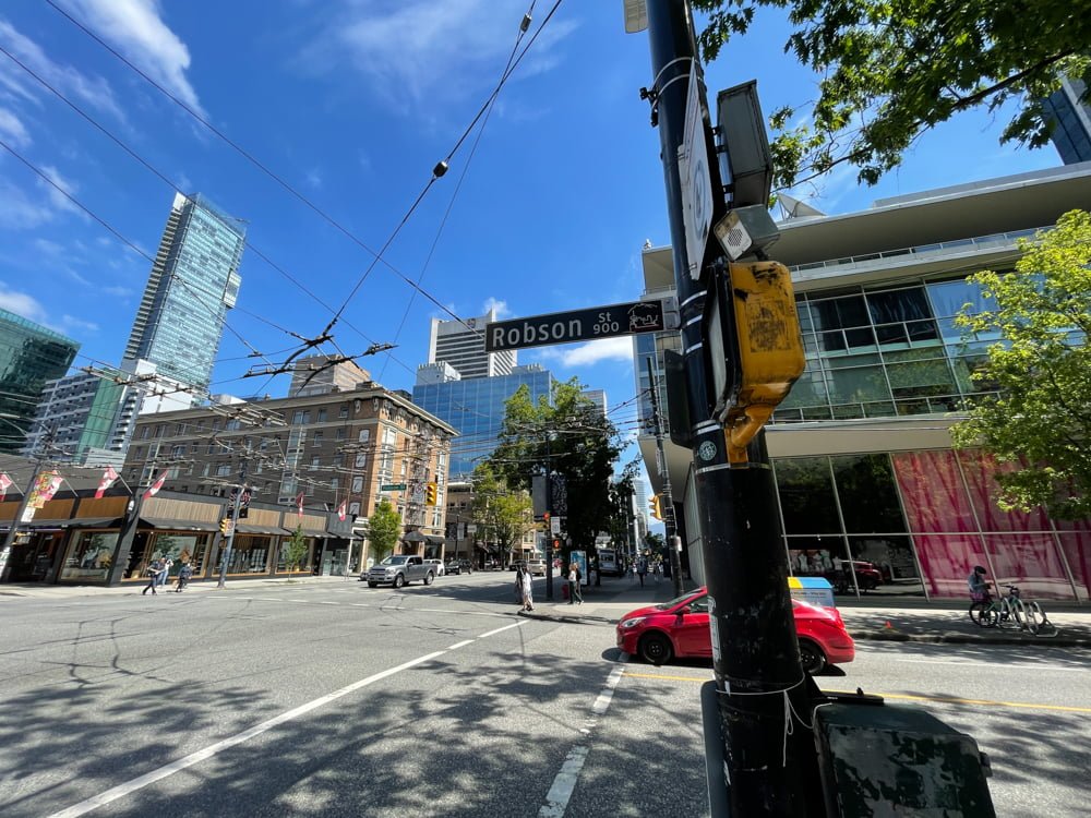 Intersection of Robson and Burrard (June 2021)