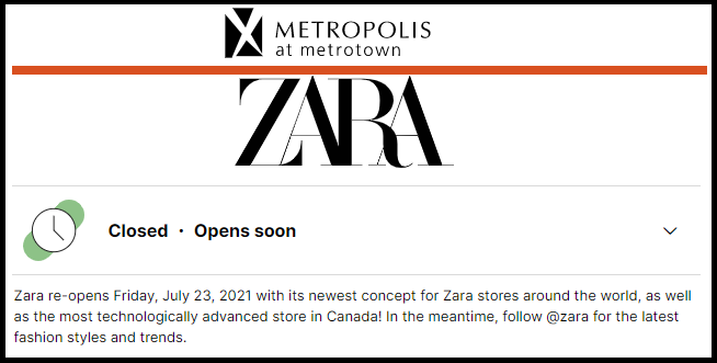 Metropolis at Metrotown website (July 23, 2021) announcing Zara reopening. 
