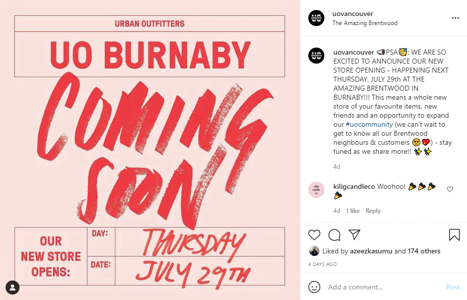Urban Outfitters Opening Announcement on Instagram