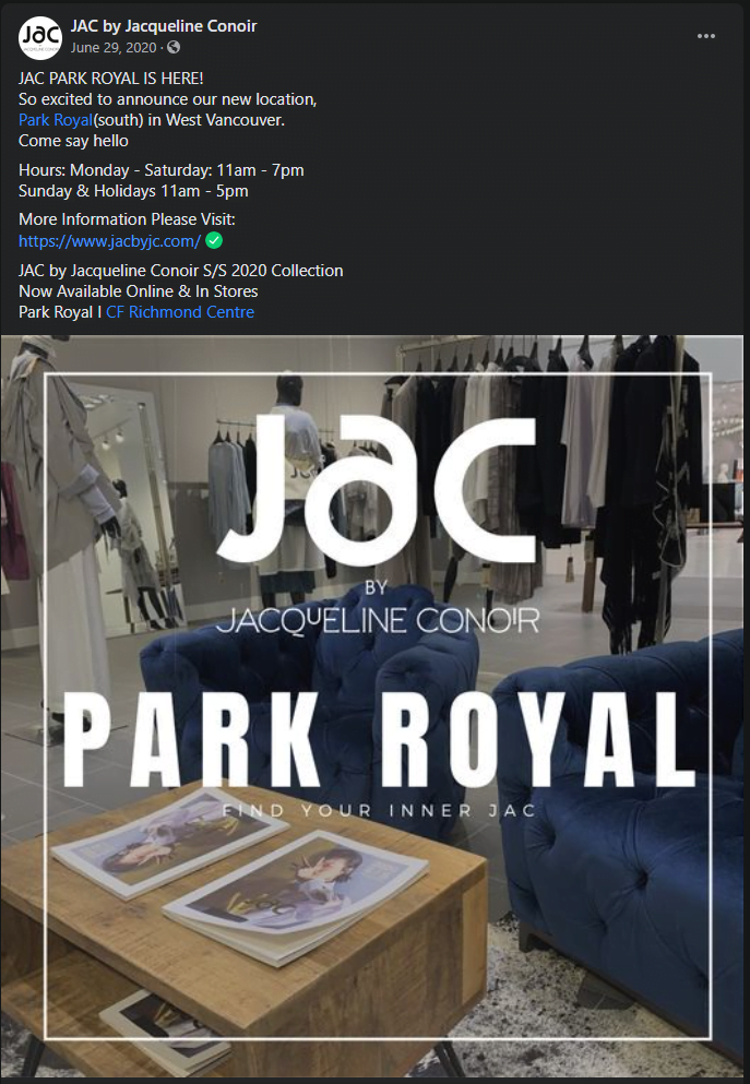 Grand Opening announcement for the Park Royal location (Jun 2020)