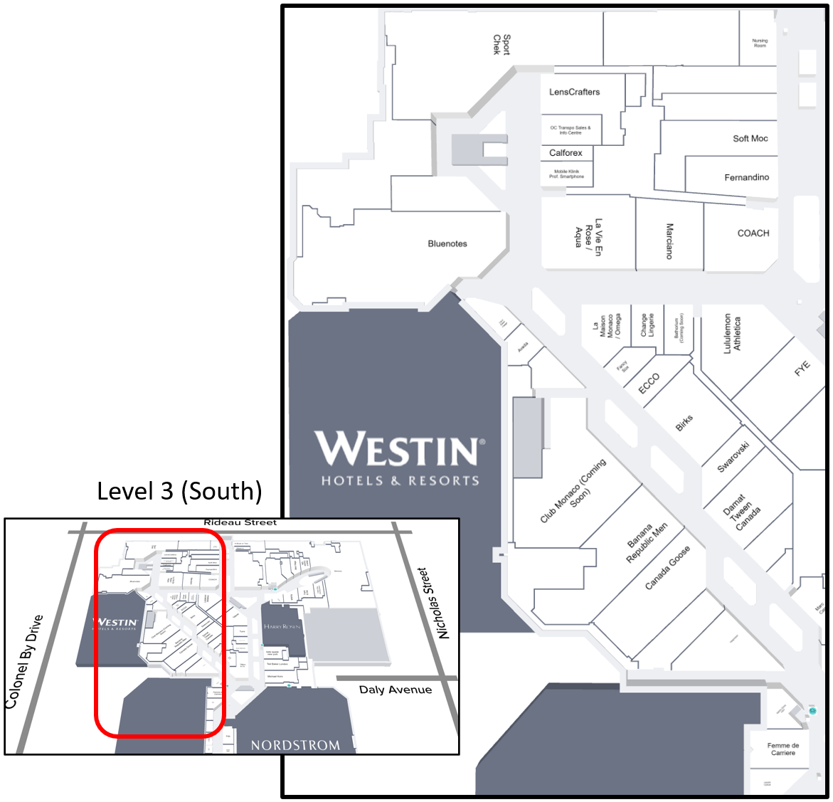 South end of CF Rideau Centre on Level 3