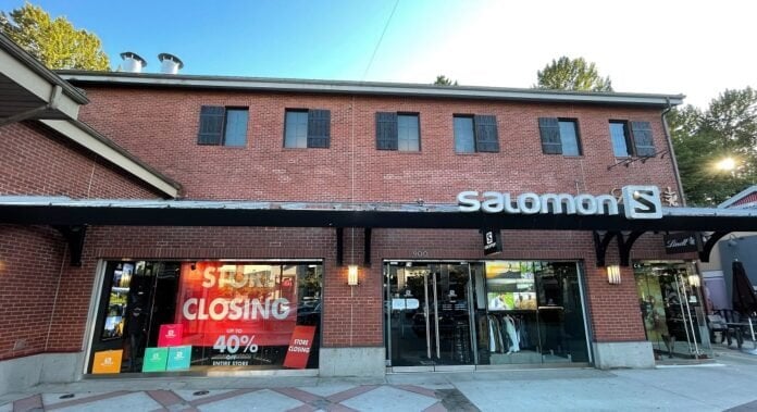 "Store Closing" signs in Salomon store at Park Royal Shopping Centre in West Vancouver, BC (September 2021)