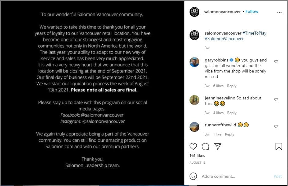 Instagram closure and 'farewell' message for Salomon Park Royal location in West Vancouver, BC (September 2021). Photo: Instagram.