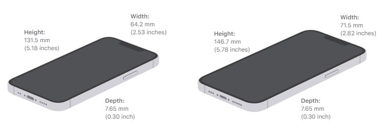 "iPhone 13 mini" and "iPhone 13" dimensions