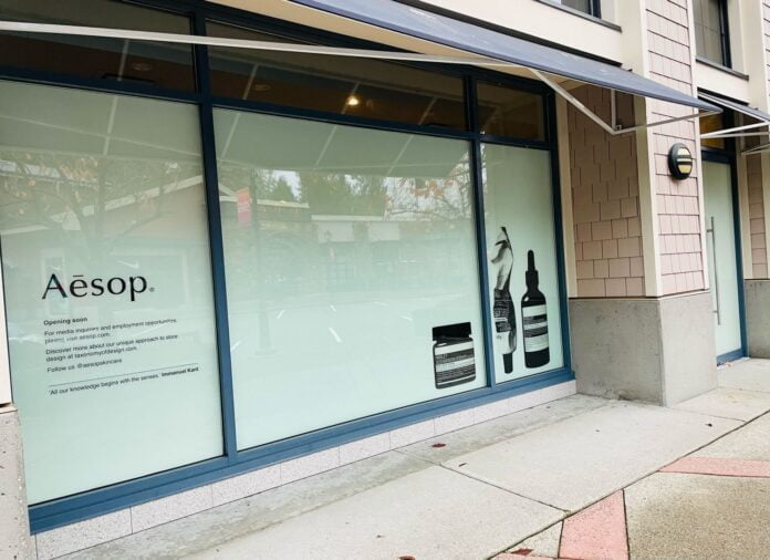 Aesop Construction Signage at Park Royal Shopping Centre in "The Village" (Oct 2021)