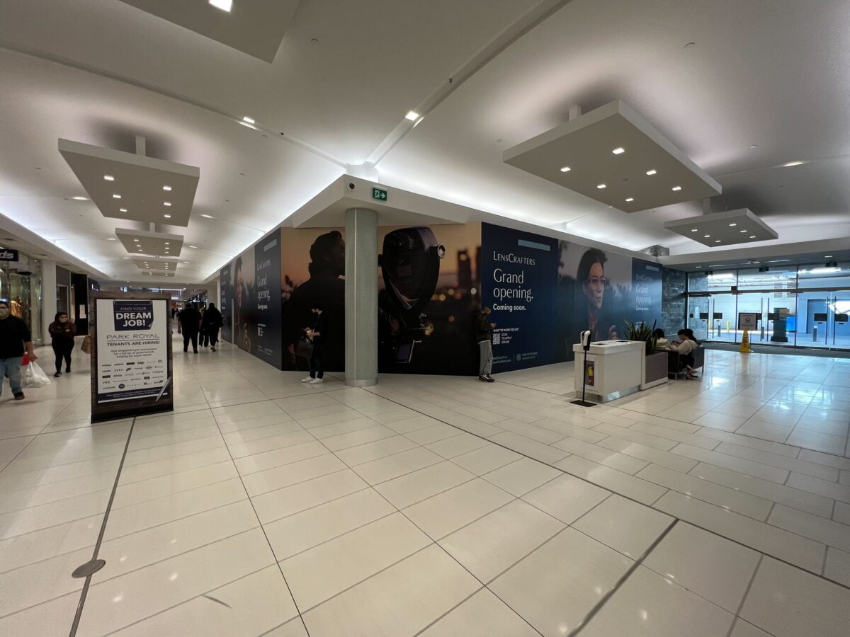 LensCrafters construction signage at Park Royal Shopping Centre (October 2021)
