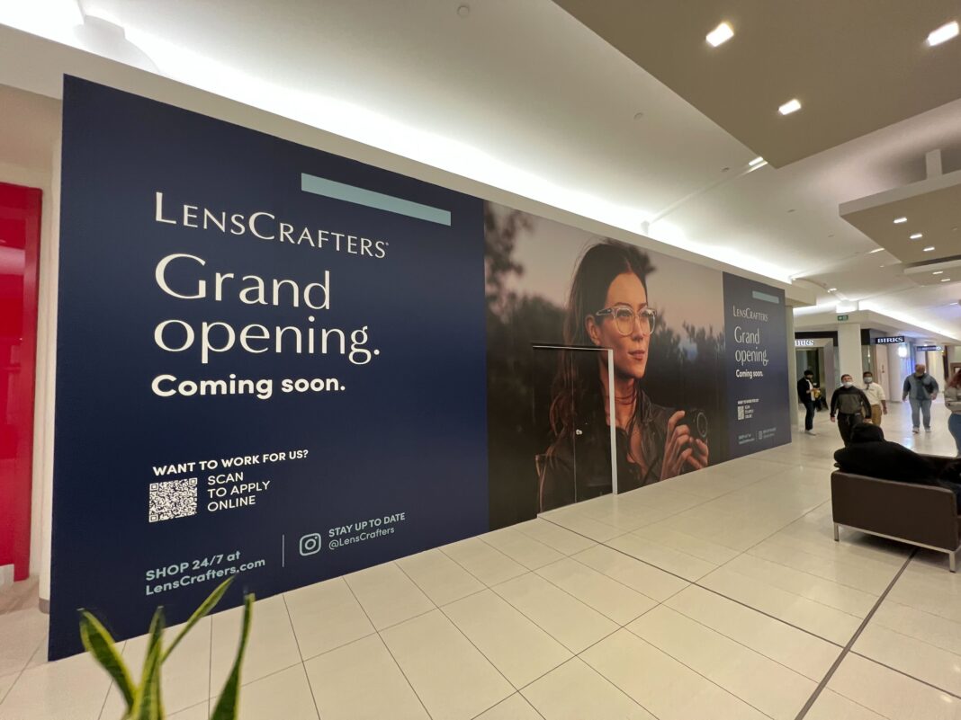LensCrafters construction signage at Park Royal Shopping Centre (October 2021)
