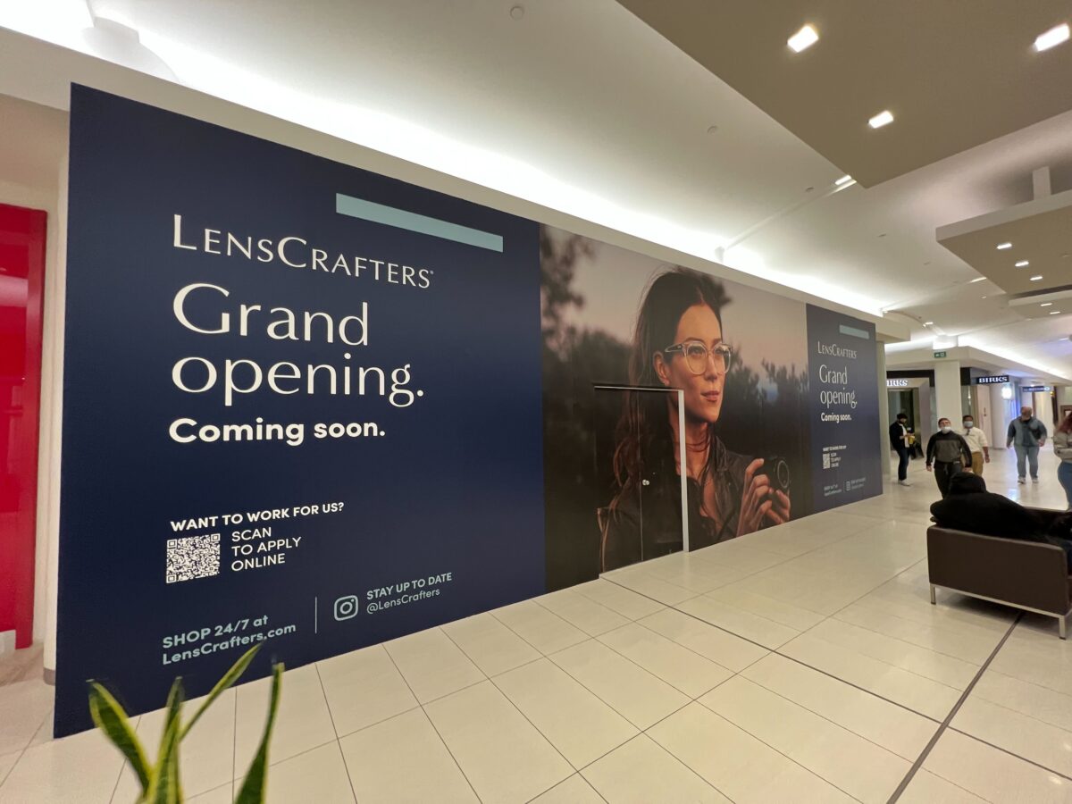 LensCrafters construction signage at Park Royal Shopping Centre (October 2021)