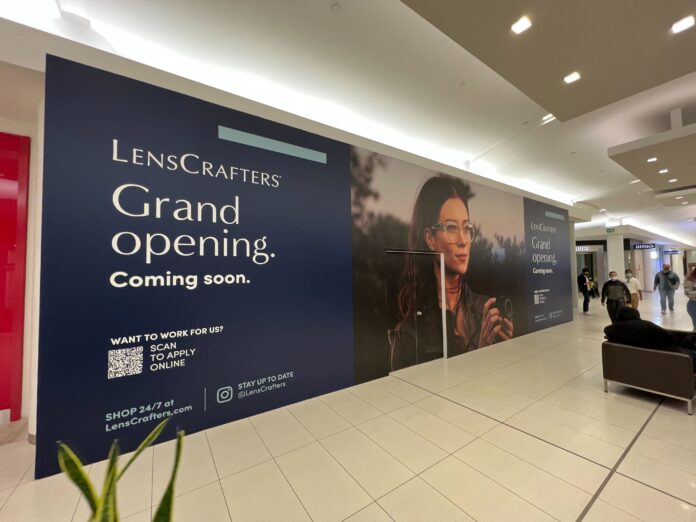 LensCrafters construction signage at Park Royal Shopping Centre (October 2021)