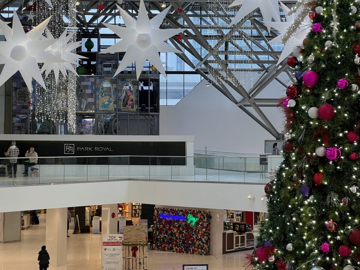 Park Royal South with the Christmas decorations up for Christmas 2021 in West Vancouver (December 2021). Photo: Lee Rivett.