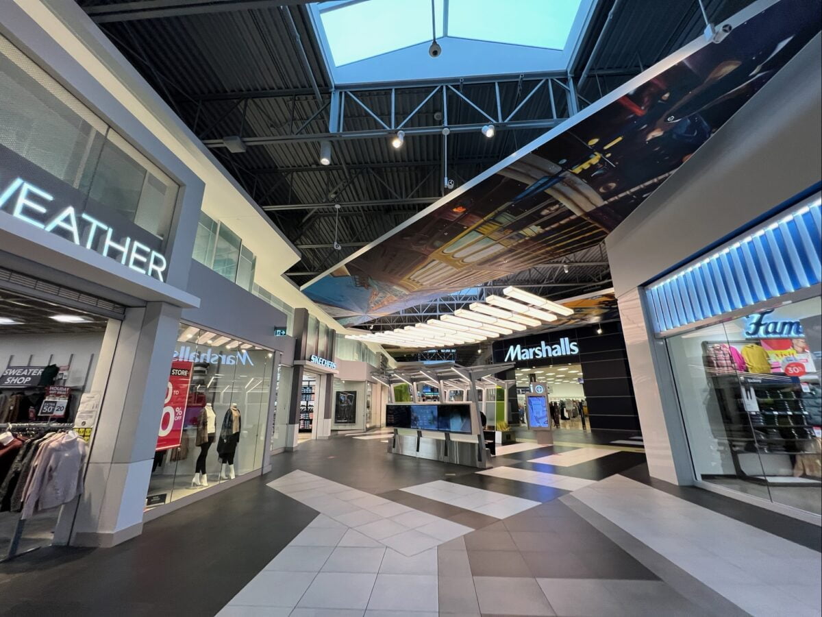 Corridor in City Neighbourhood at Tsawwassen Mills in Delta, BC (December 2021). Photo: Lee Rivett.