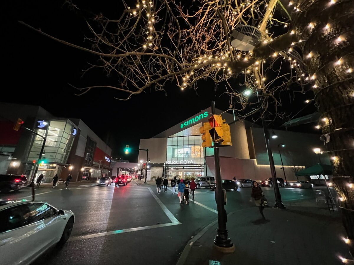 The Village at Park Royal lit for Christmas 2021 in West Vancouver (December 2021). Photo: Lee Rivett.