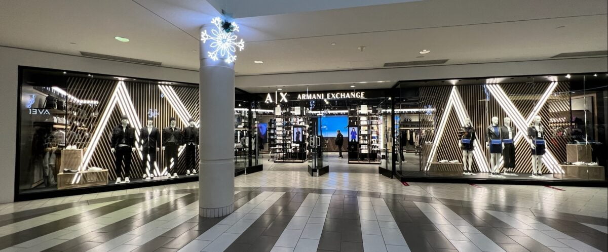 A|X Armani Exchange at Metropolis at Metrotown main entrance (December 2021). Photo: Lee Rivett.